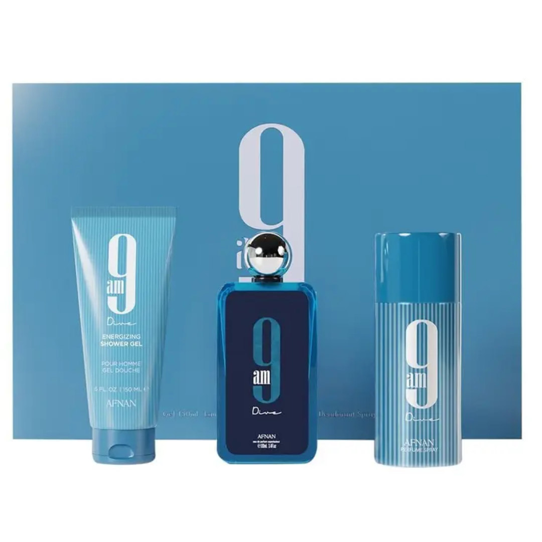 Conjunto de perfumes Afnan 9 AM Dive Eau De Parfum 100ml + Gel de banho